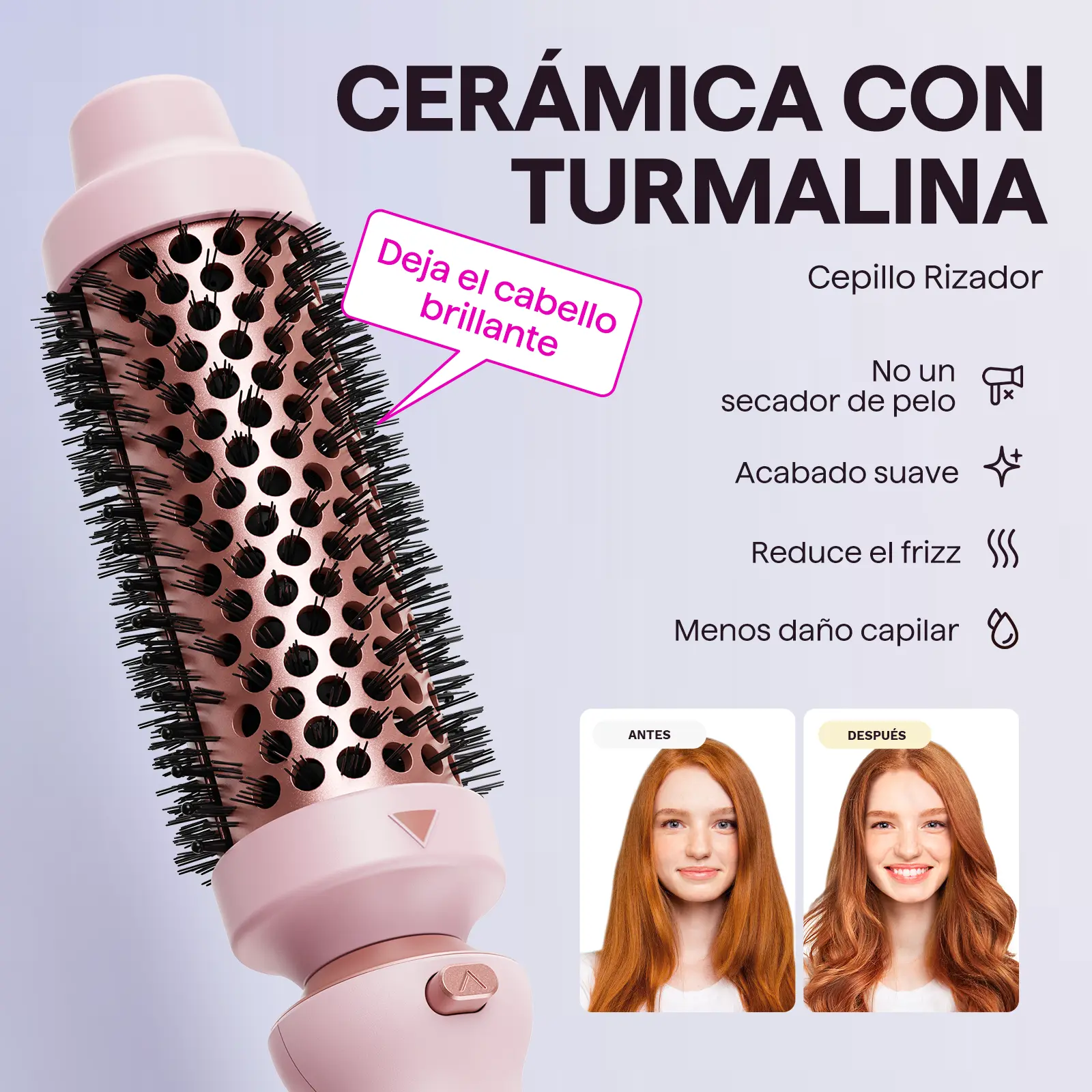 5 en 1 Ceramic Curling Wand, Rizador de Pelo de calentamiento rápido de 1/2 a 1 1/2 pulgadas y Cepillo Térmico, Rizadora para Cabello de Doble Voltaje, Oro Rosa