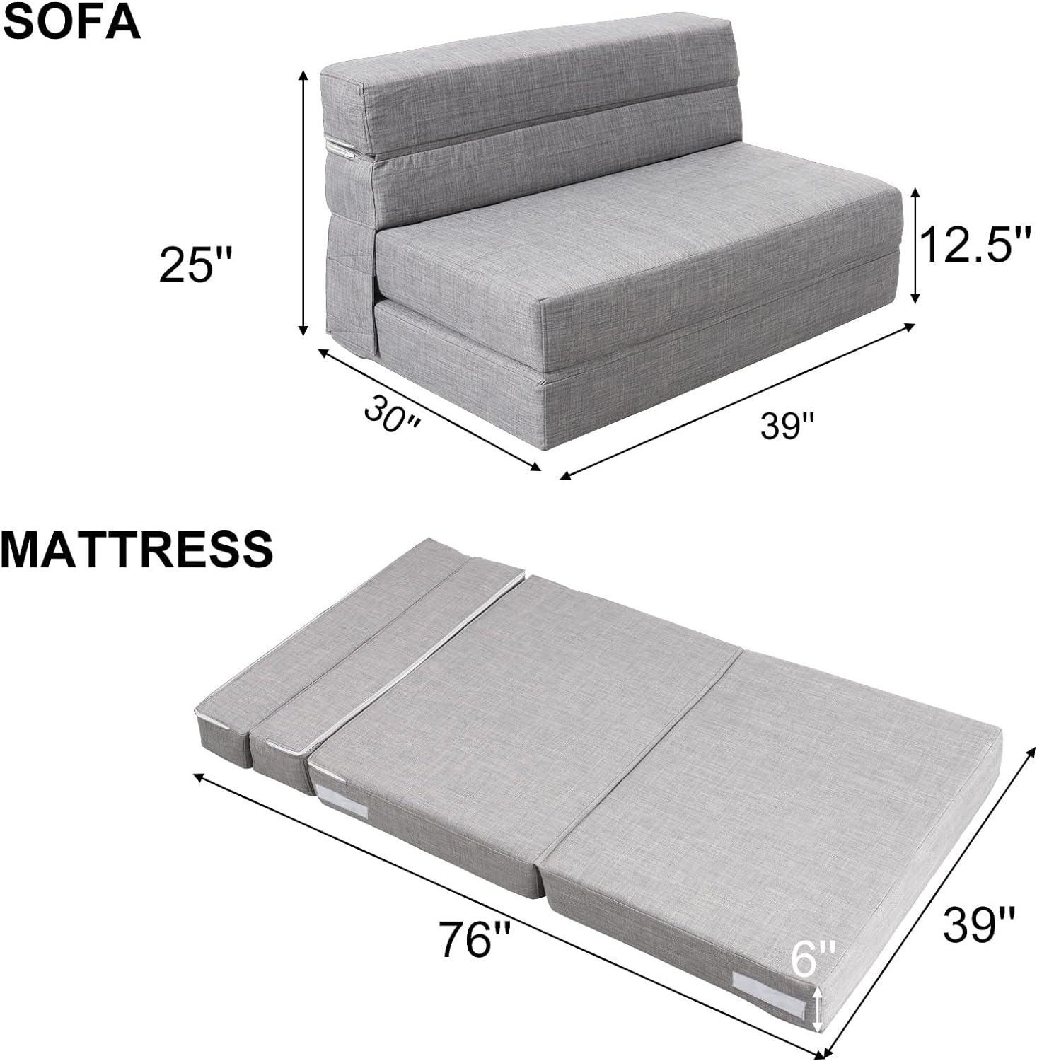 Silla reclinable Anoner, sofá cama plegable de 152 cm, diván con 2 cojines, funda lavable de espuma viscoelástica tamaño queen, color gris claro