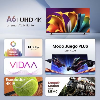 Hisense Pantalla UHD 4K de 43" 43A6NV, VIDAA Smart TV, 43 Pulgadas, Dolby Vision, Modo Juego Plus, DTS Virtual X, Control por Voz televisor, Doble Control de Volumen, (Nuevo 2024)