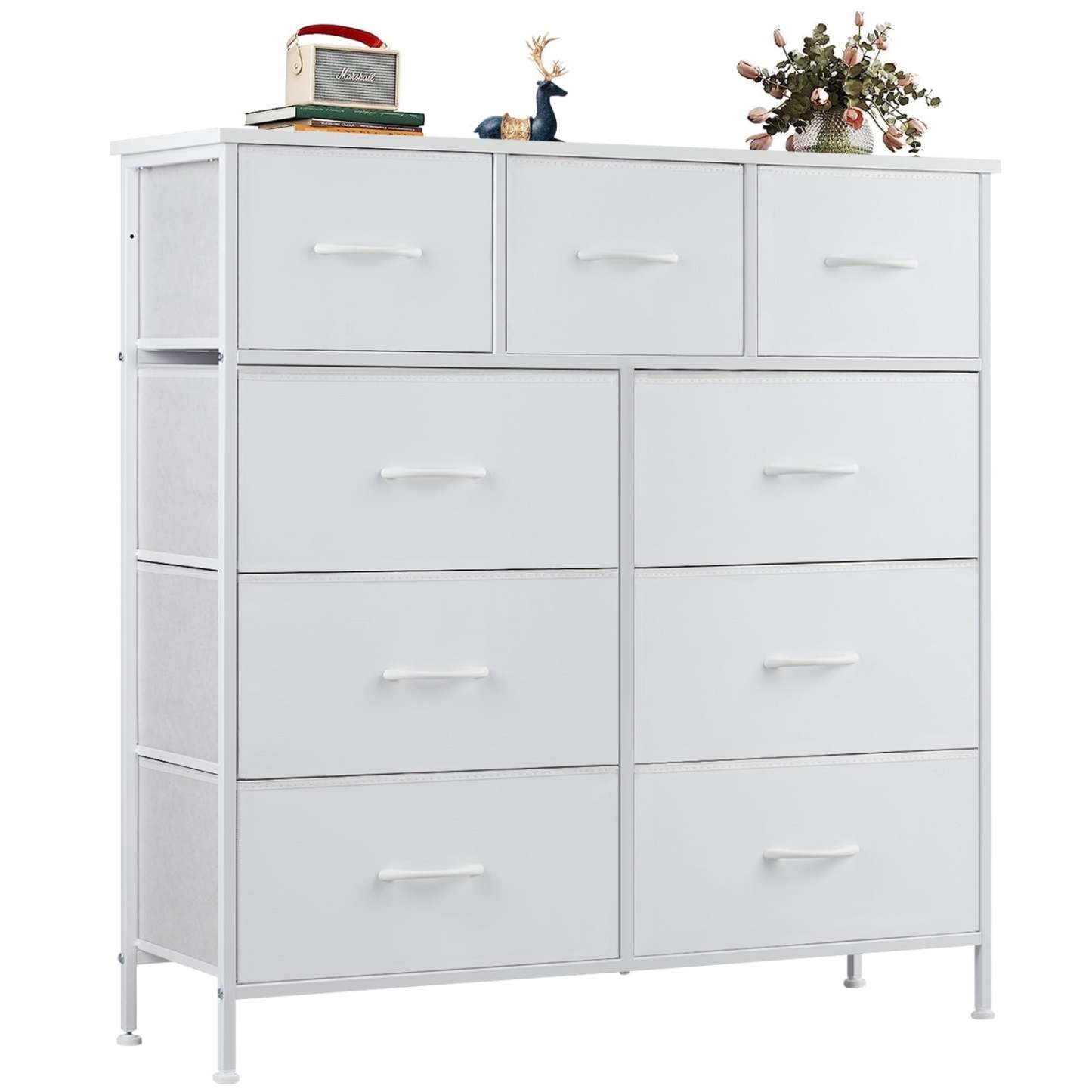 Yanming Cómoda de Tela con 9 cajones, Estructura de Acero y Tapa de Madera para Dormitorio, Armario, Entrada