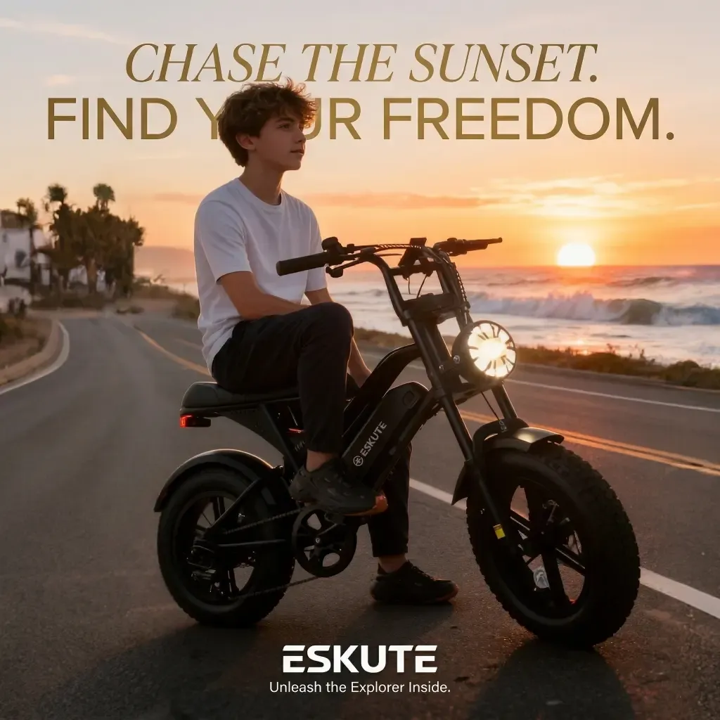 ⚡ESKUTE V100 Bicicleta Eléctrica para Adultos, Llantas Gruesas Fat‑Tire 16" Todoterreno, Motor Pico 1500W, Batería 48V 13Ah Larga Autonomía, Velocidad 45 km/h, Doble Suspensión, Ideal para Desplazamientos y Camping