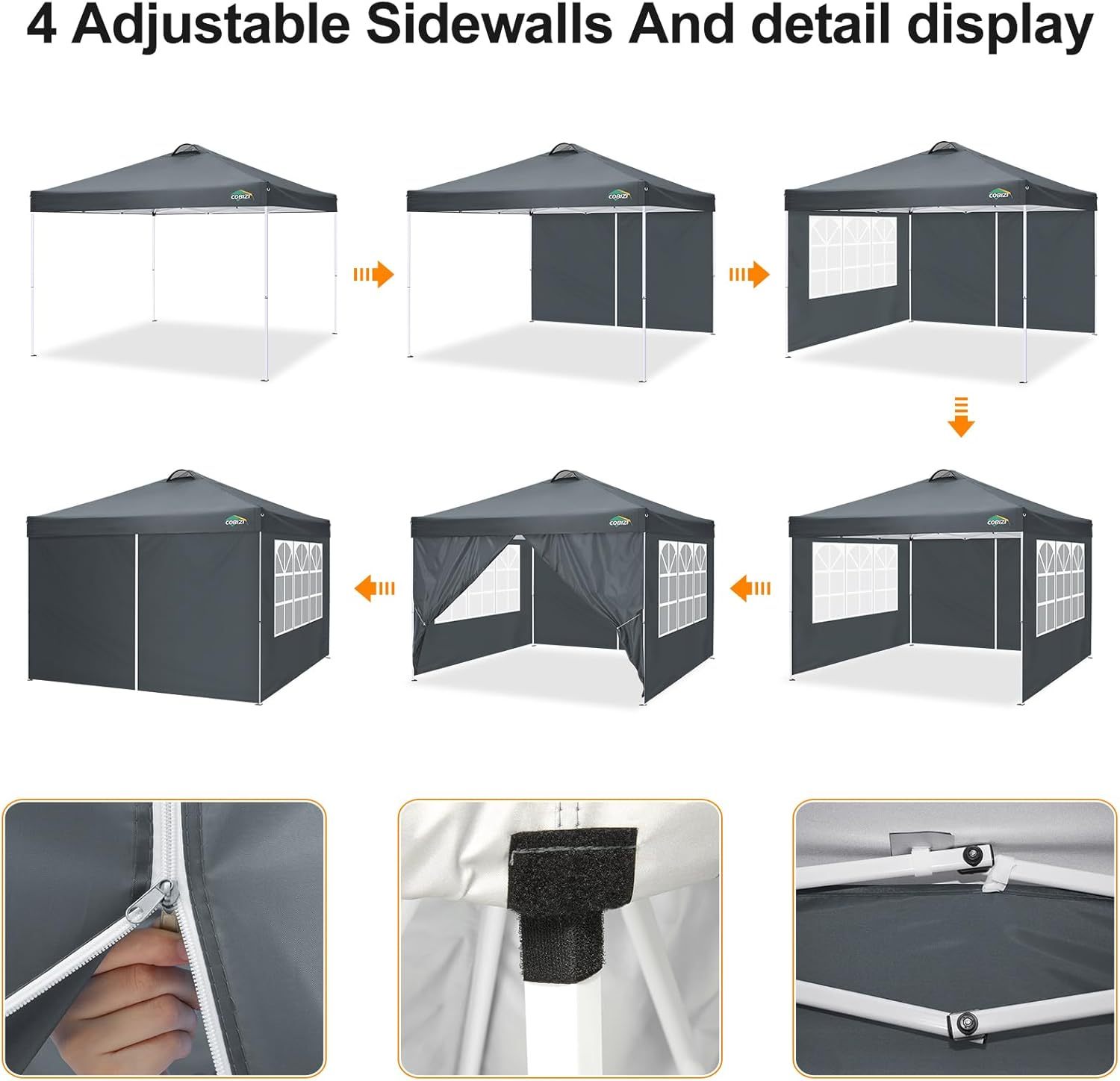 COBIZI - Toldo desplegable de 10 x 20 Pulgadas con 6 Paredes Laterales, toldo Impermeable para Eventos al Aire última intervensión, UPF 50+ cenador portátil para Fiestas, Playa, Camping, Boda,