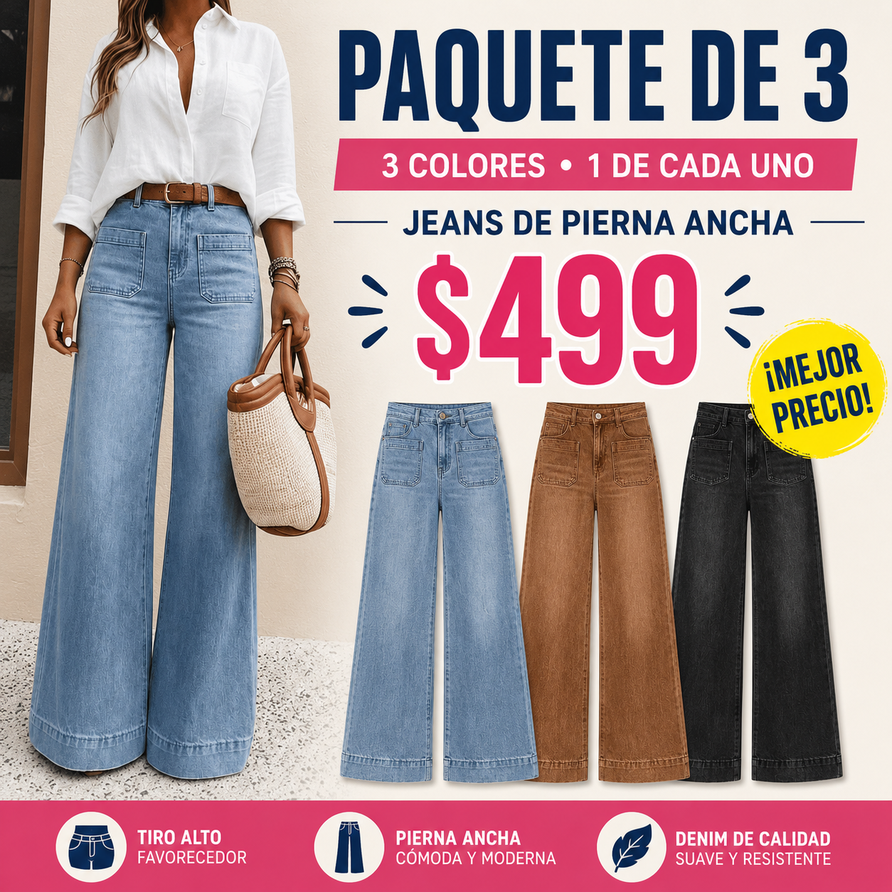 Jeans de Cintura Alta y Pierna Ancha con Bolsillos para Mujer