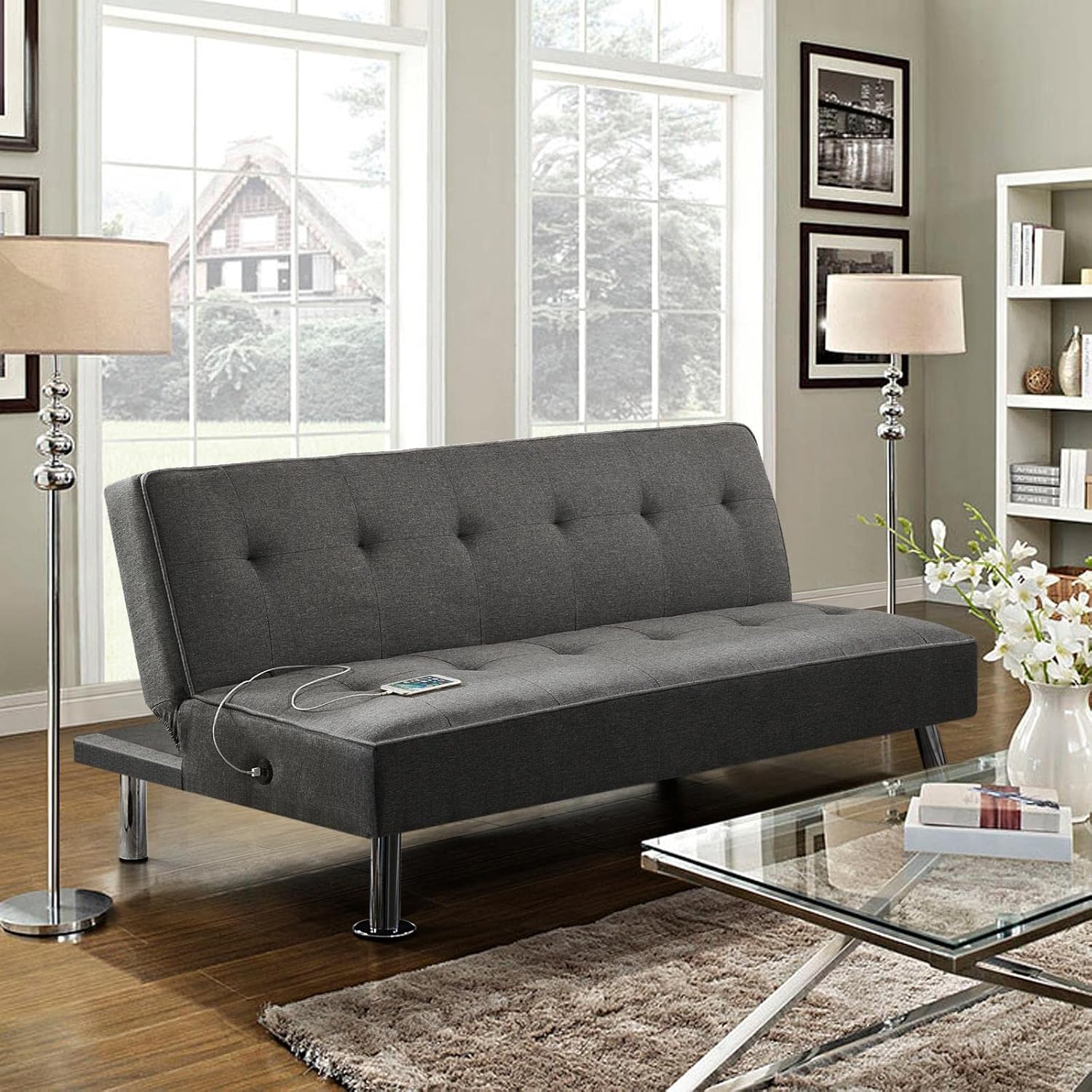 Yaheetech - Sofá Cama Convertible Moderno con 2 Puertos de Carga USB Integrados de Tela, Patas de Metal, 3 ángulos Ajustables para una Vida compacta, Departamento, recámara, habitación Extra Gris