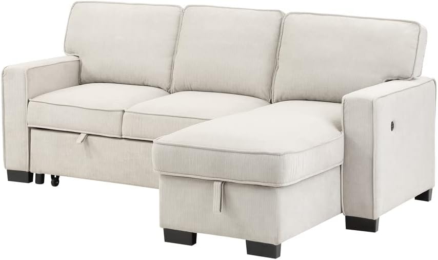 Lilola Home Estelle - Cama Reversible de Tela Beige de 86 Pulgadas, con Mesa desplegable de Almacenamiento para tumbonas, 2 portavasos y 2 Puertos USB