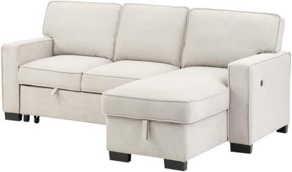 Lilola Home Estelle - Cama Reversible de Tela Beige de 86 Pulgadas, con Mesa desplegable de Almacenamiento para tumbonas, 2 portavasos y 2 Puertos USB