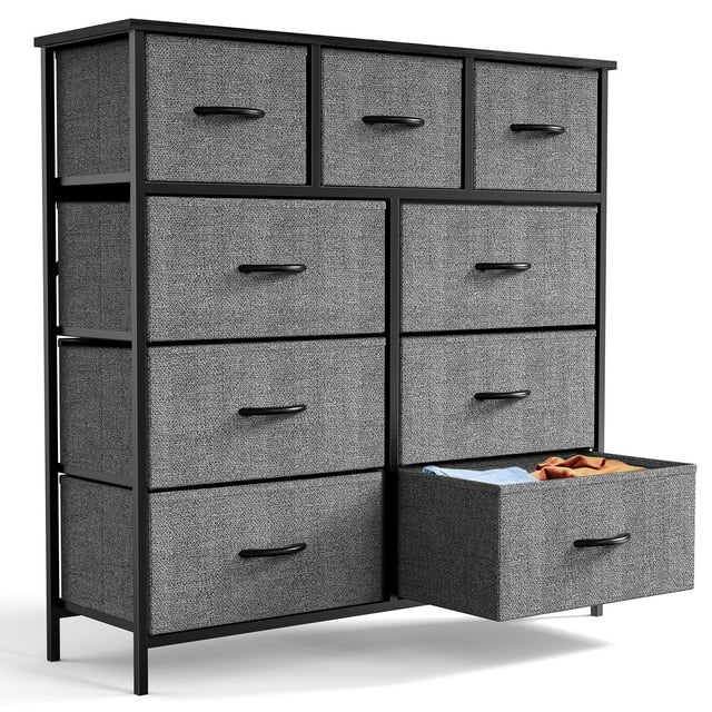 Yanming Cómoda de Tela con 9 cajones, Estructura de Acero y Tapa de Madera para Dormitorio, Armario, Entrada