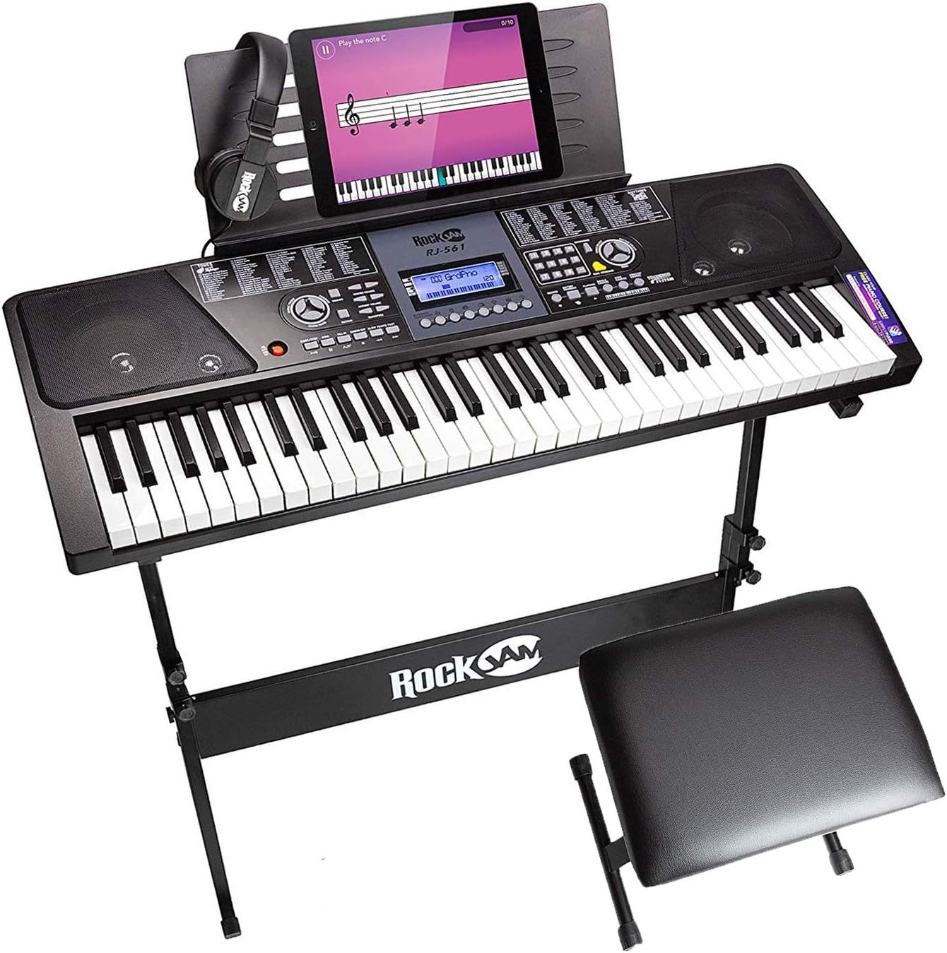 RockJam - Kit de piano con teclado de 61 teclas con banco para teclado, soporte para teclado, auriculares, pegatinas para notas de piano y lecciones de piano Simply