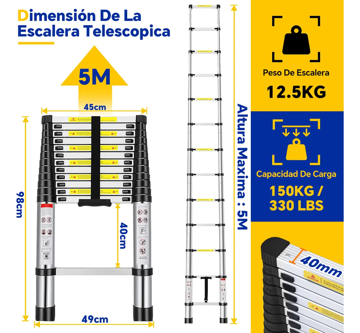 Escalera Aluminio Telescópica Ajustable 13 Peldaños 5 Metros