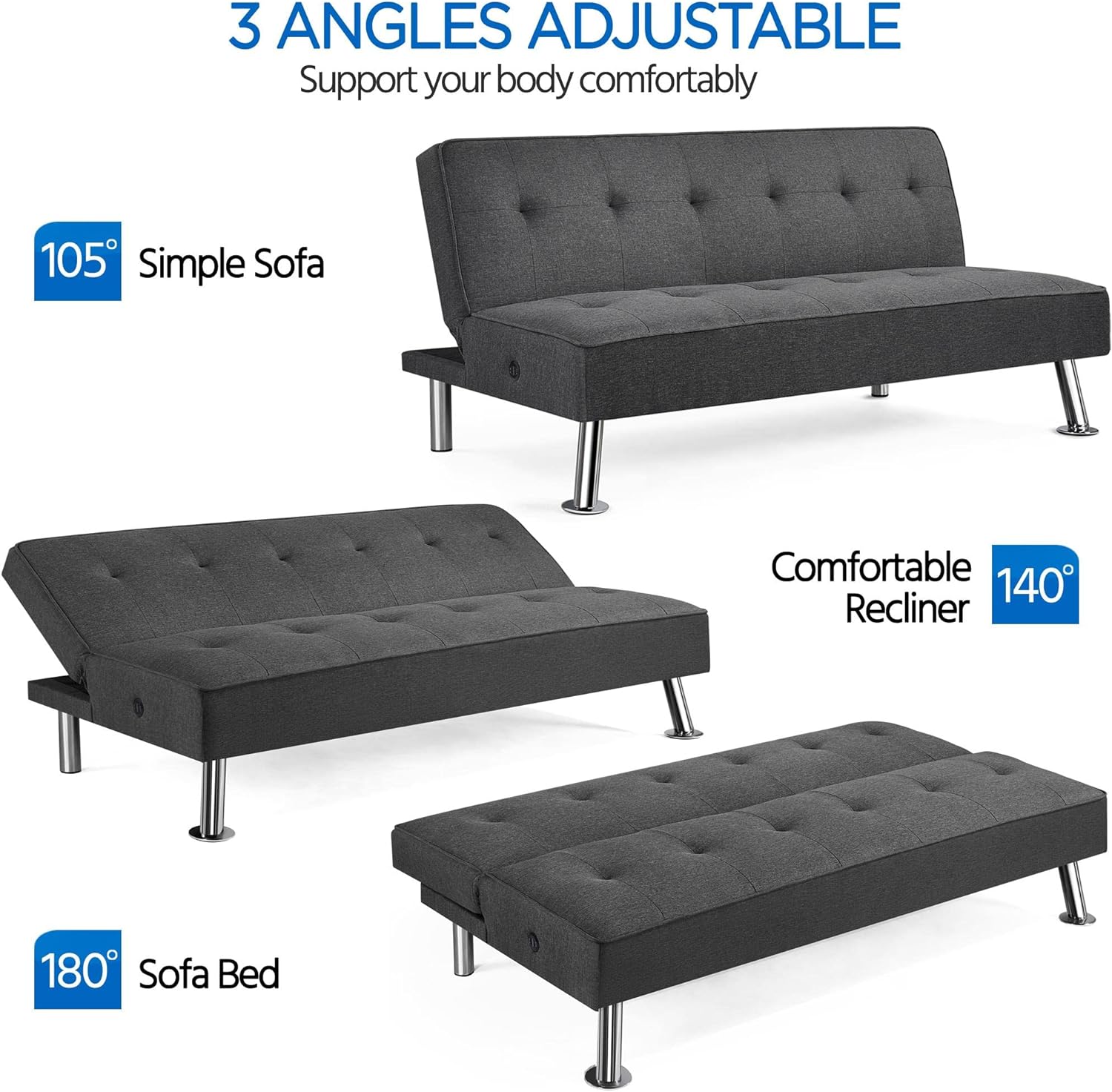 Yaheetech - Sofá Cama Convertible Moderno con 2 Puertos de Carga USB Integrados de Tela, Patas de Metal, 3 ángulos Ajustables para una Vida compacta, Departamento, recámara, habitación Extra Gris