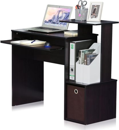 Furinno Econ Escritorio de escritura de computadora de oficina en casa multipropósito W/Bin, Blanco/Negro
