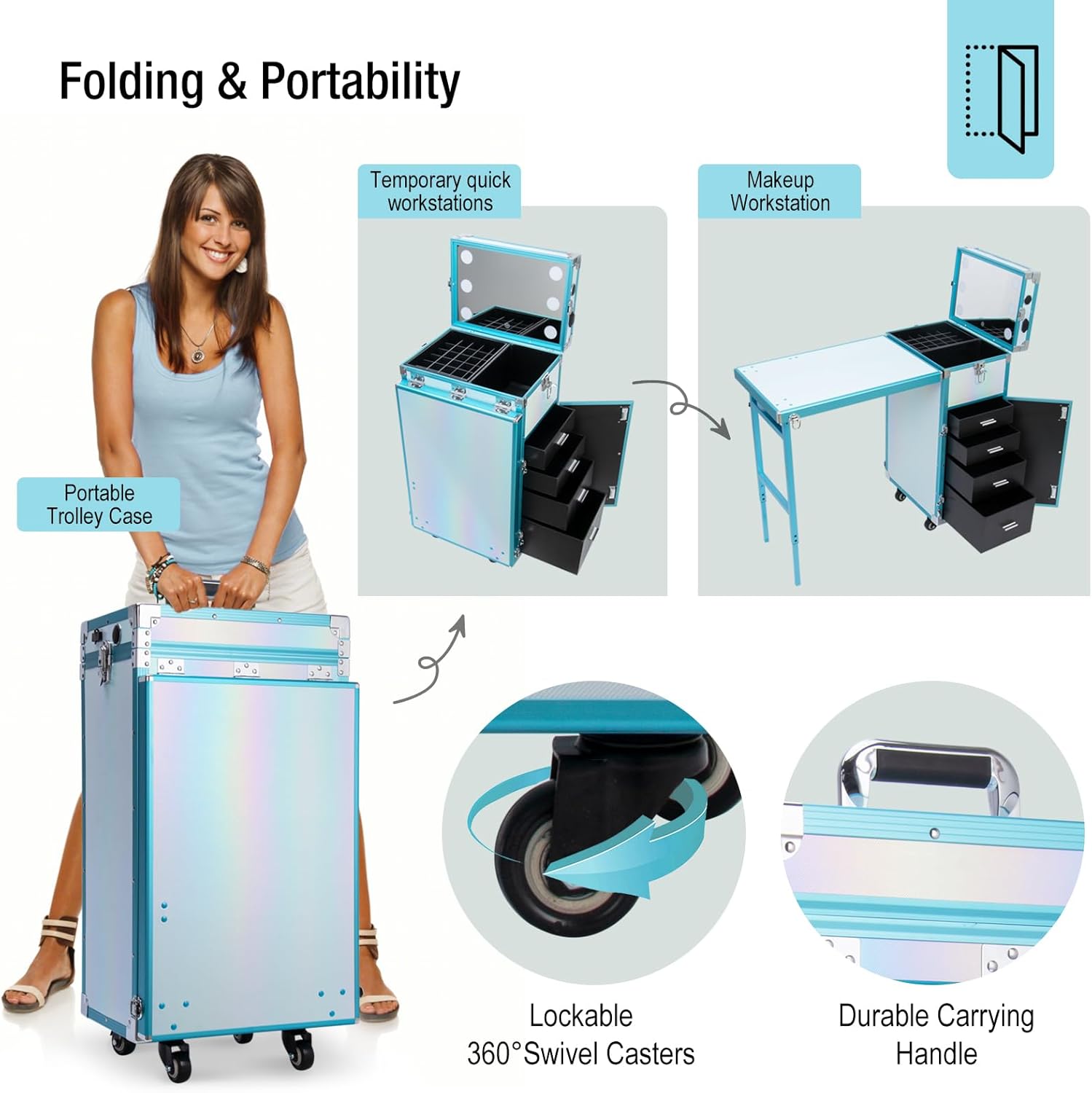 Icoget - Mesa portátil de uñas para enseñanza de uñas, mesa de manicura enrollable mejorada, estación de maquillaje con altavoz Bluetooth y luz LED, carrito organizador de computadora plegable de