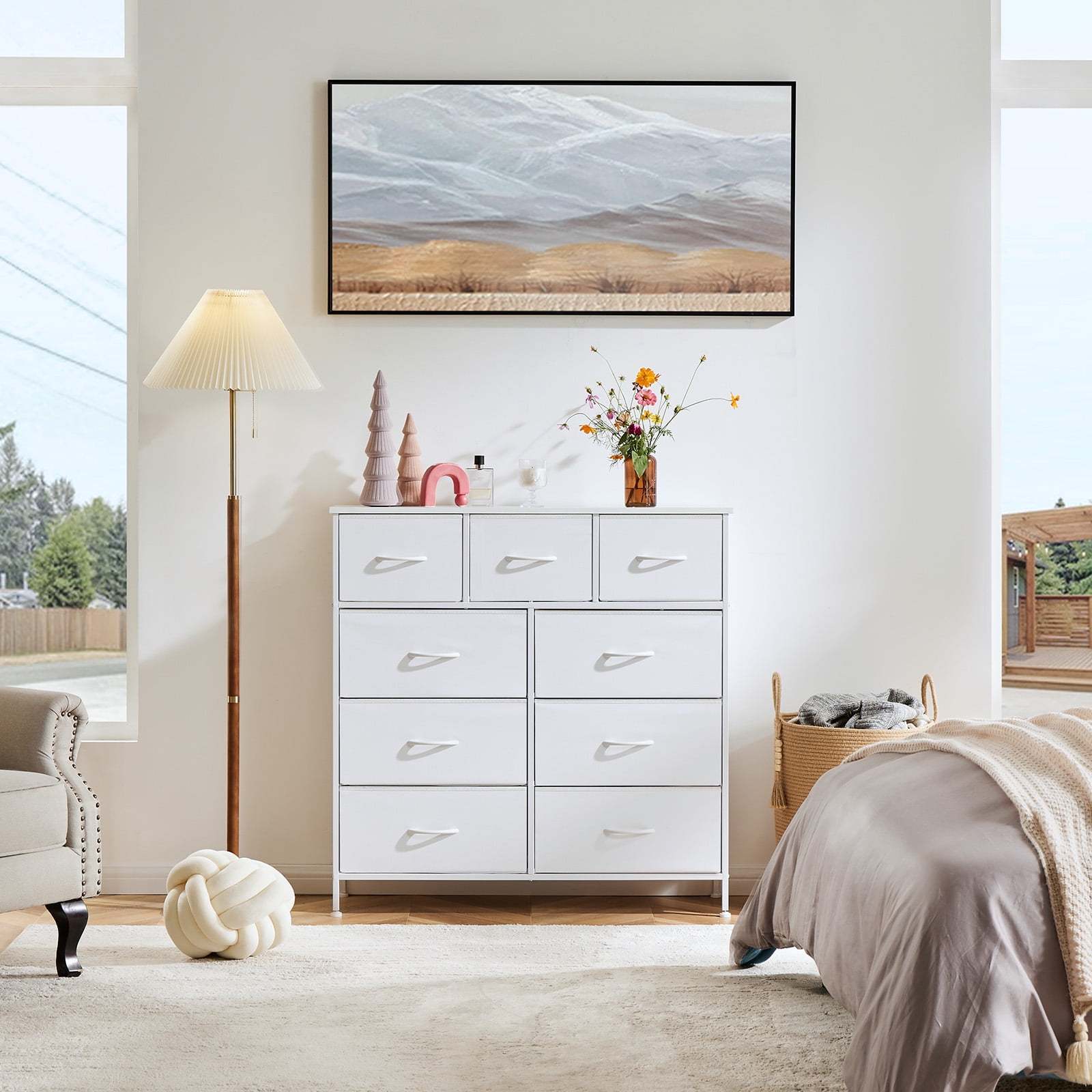 Yanming Cómoda de Tela con 9 cajones, Estructura de Acero y Tapa de Madera para Dormitorio, Armario, Entrada