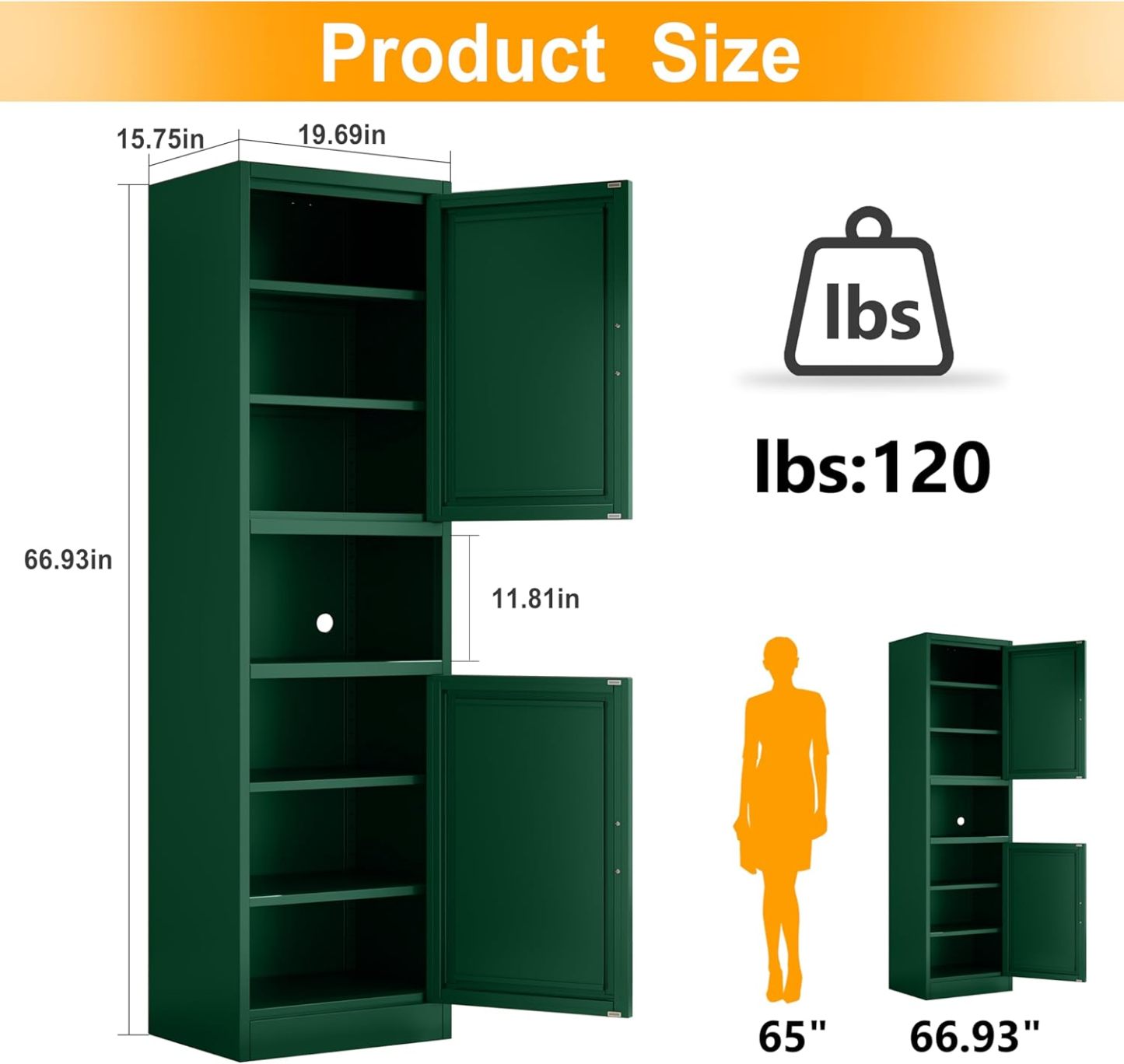 Ckzbx Gabinete de cocina de metal de 61 pulgadas de alto con 4 puertas, armarios de baño, 2 estantes ajustables para cocina, oficina en casa, sala de estar, comedor (negro)