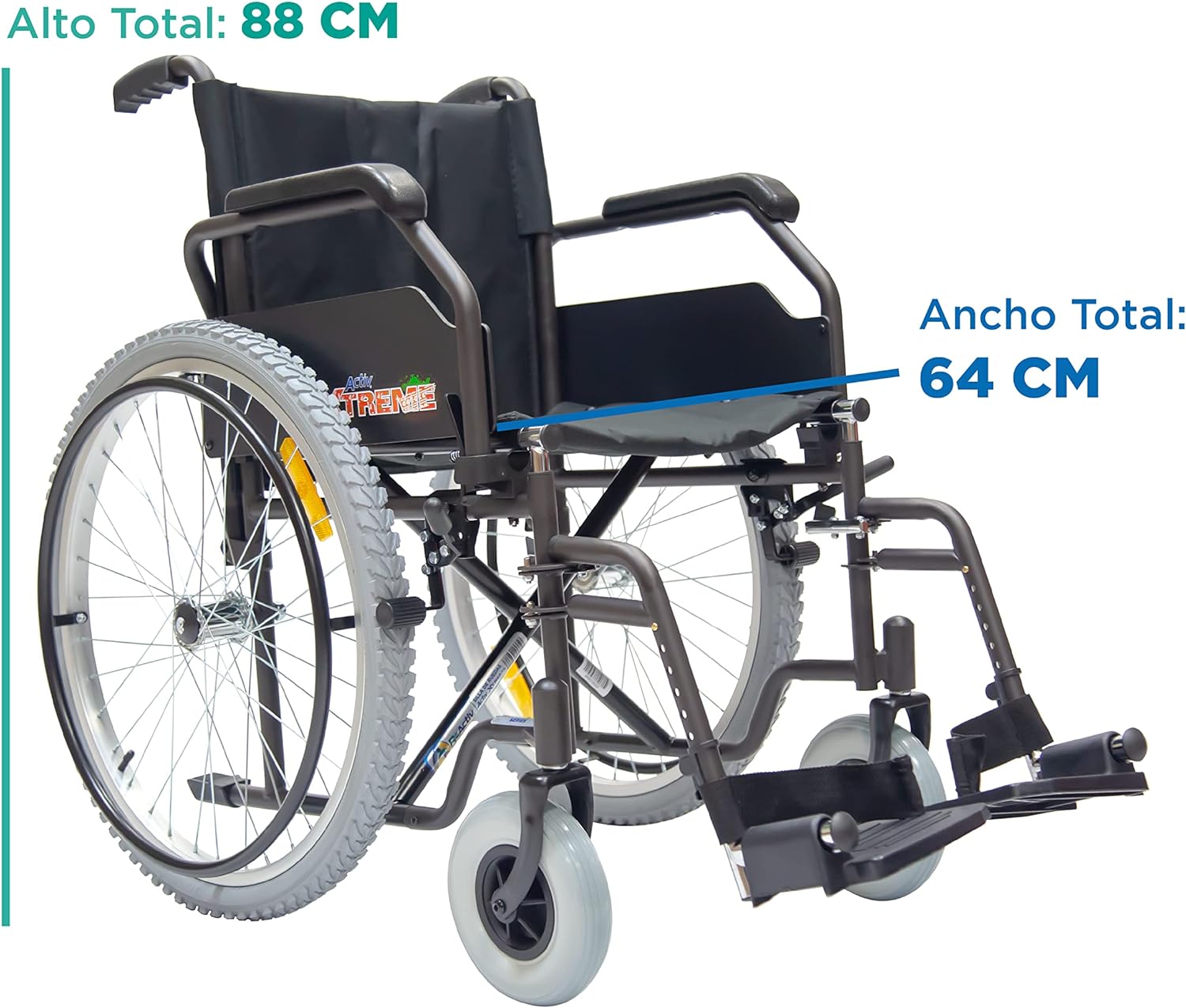 Silla de Ruedas Activ Xtreme ReActiv, Brazos FlipUp y Descansapies Desmontables/Abatibles, R8x2", Rin Aluminio R24x1.75" Neum, T. Nylon, Bruma (Gris Claro)