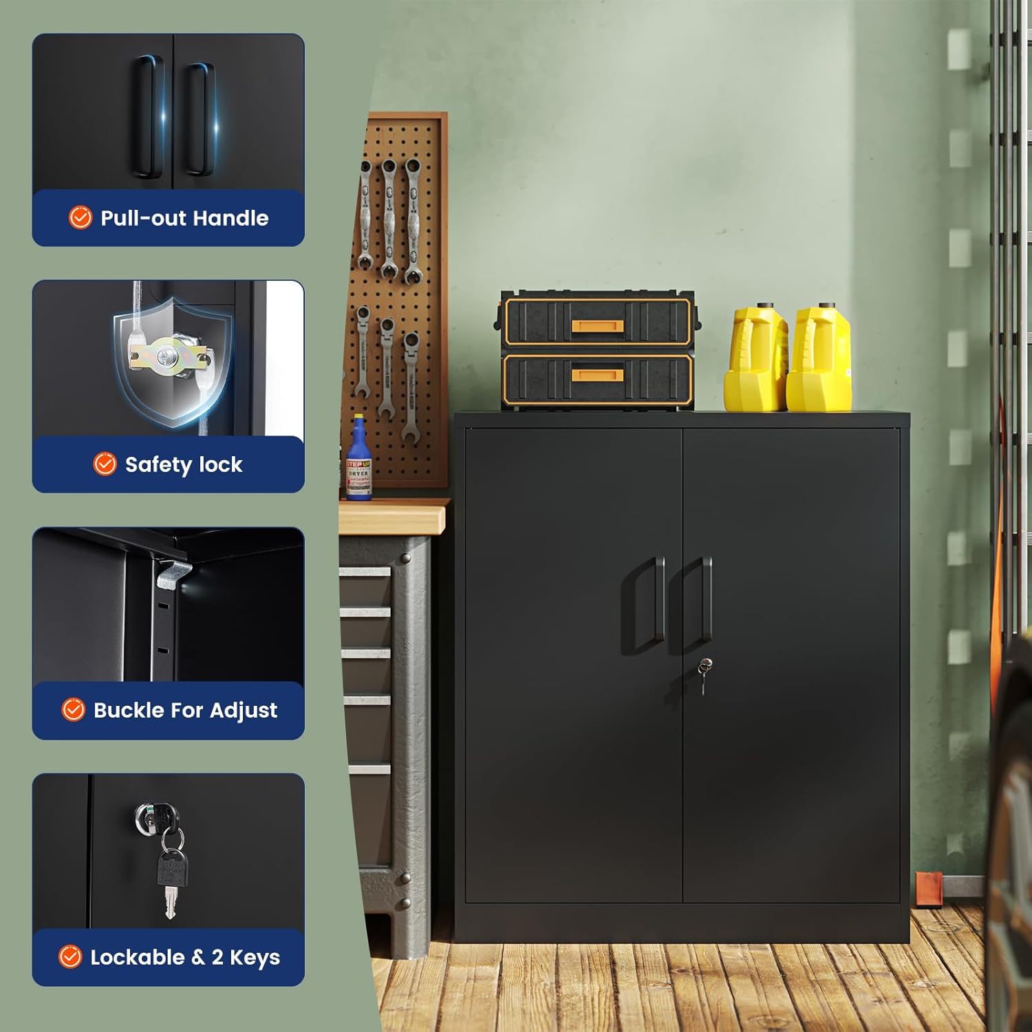 Yizosh - Gabinete de almacenamiento de metal con 2 puertas y 5 estantes ajustables, archivador de acero de 71 pulgadas, gabinetes de herramientas de bloqueo para oficina, hogar, cochera, gimnasio,