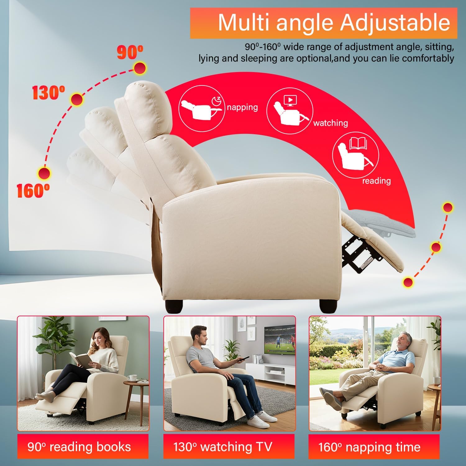 Silla reclinable para sala de estar, sala de cine en casa, sofá individual Winback, sillón reclinable de masaje, silla de lectura, silla reclinable moderna, fácil descanso con respaldo acolchado de tela (tela beige)