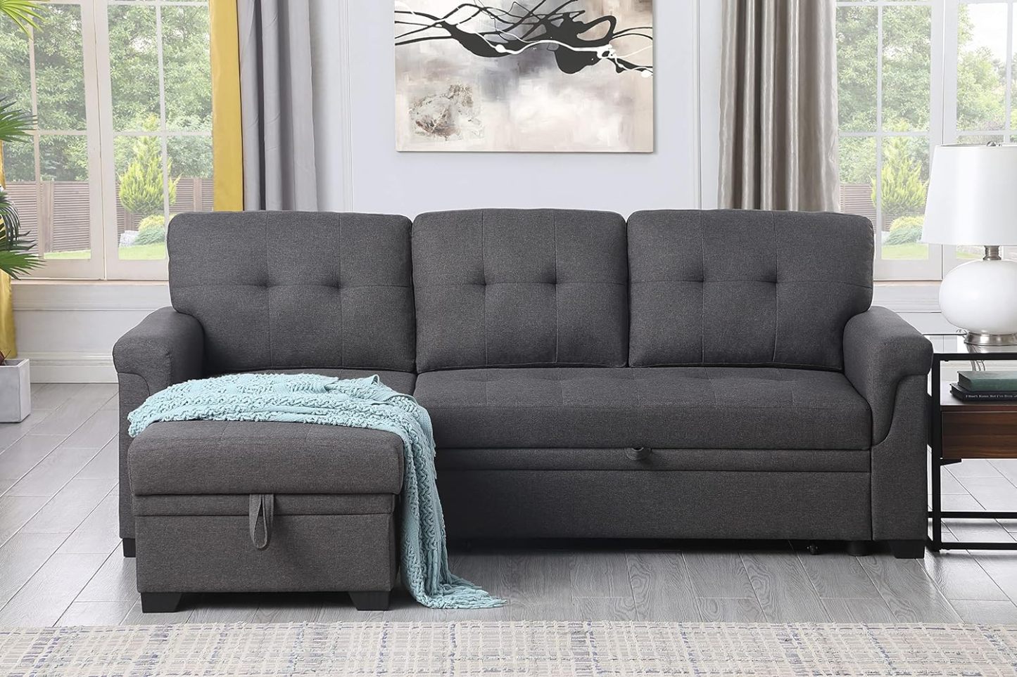 Lilola Home Lucca - Sofá seccional Reversible de Lino Gris Claro con diván de Almacenamiento
