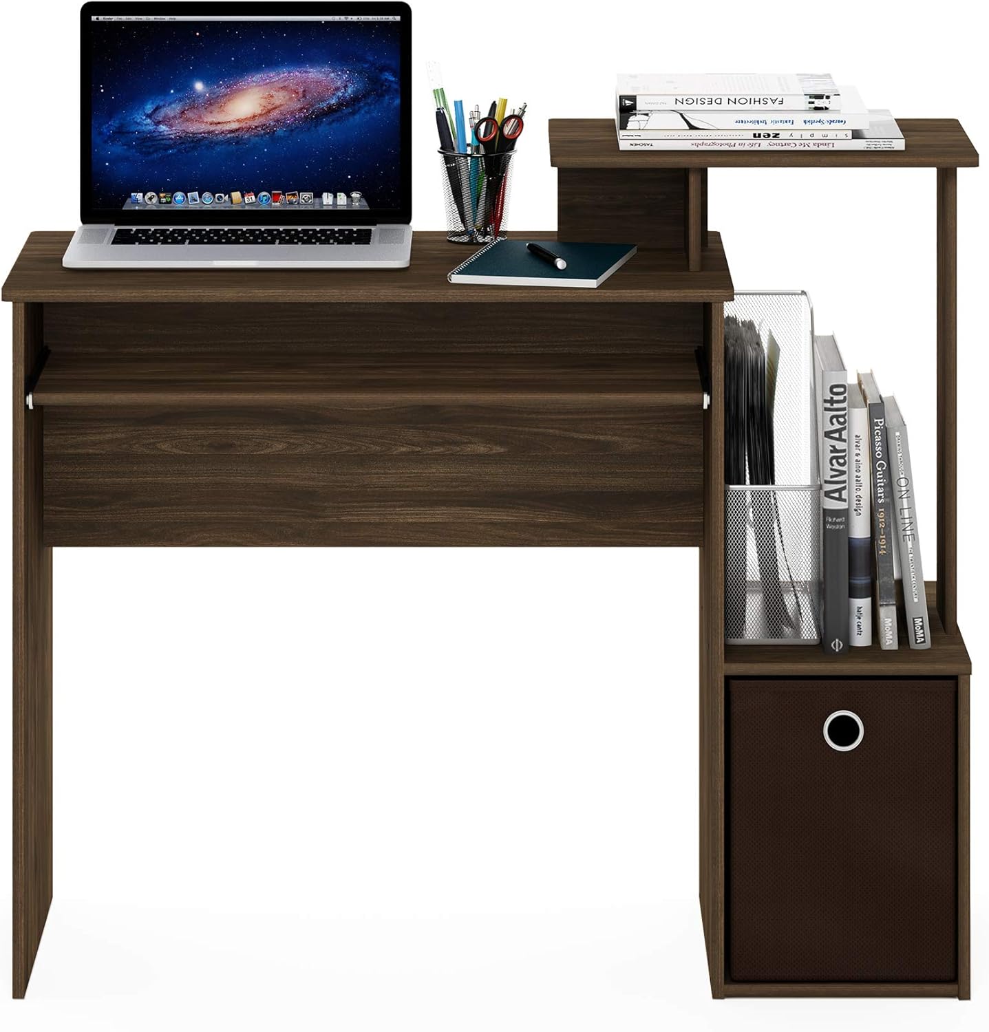 Furinno Econ Escritorio de escritura de computadora de oficina en casa multipropósito W/Bin, Blanco/Negro