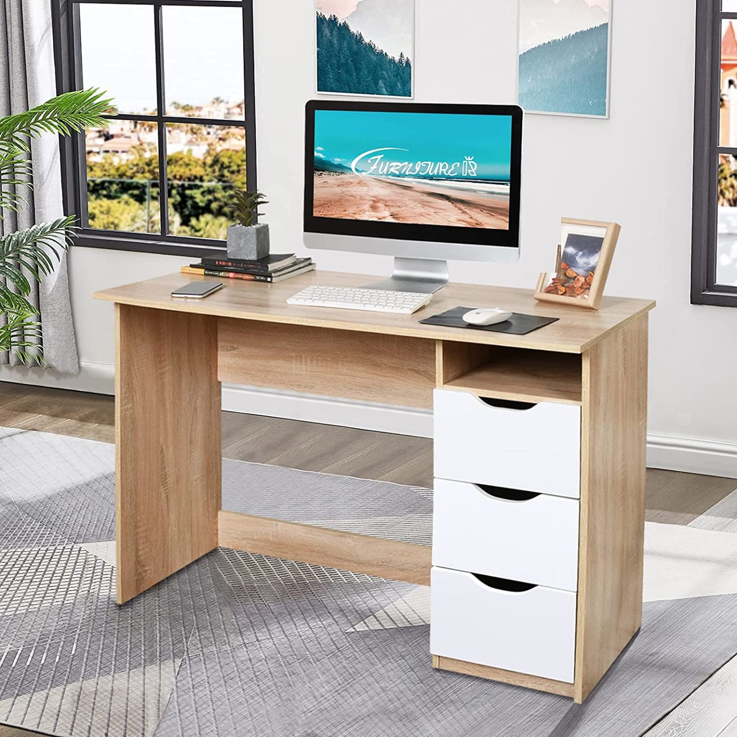 FurnitureR Escritorio para Computadora de Oficina con Almacenamiento Escritorio de Trabajo y Estudio con 5 Estantes Mesa Portátil para Estudiantes Escritorio de Escritura Moderno Haya y Blanco