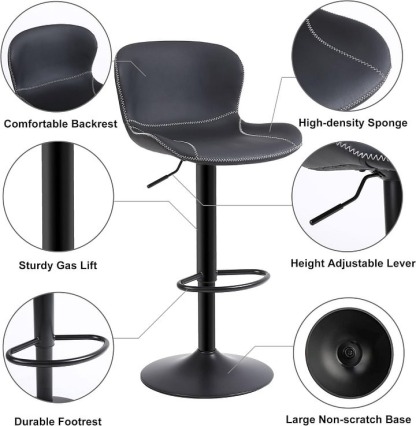 Youhauchair - Juego de 2 taburetes de bar de piel sintética con respaldo y sillas giratorias de altura ajustable, moderno taburete de cocina sin brazos, color negro