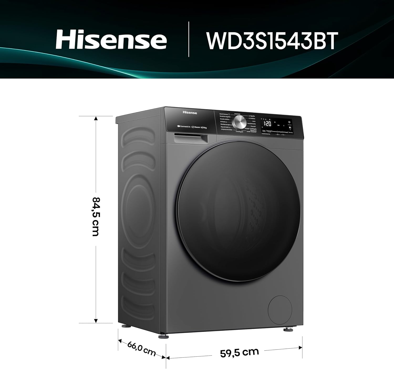 Lavasecadora Inverter Hisense 15 Kilos Carga Frontal Gris WD3S1543BT