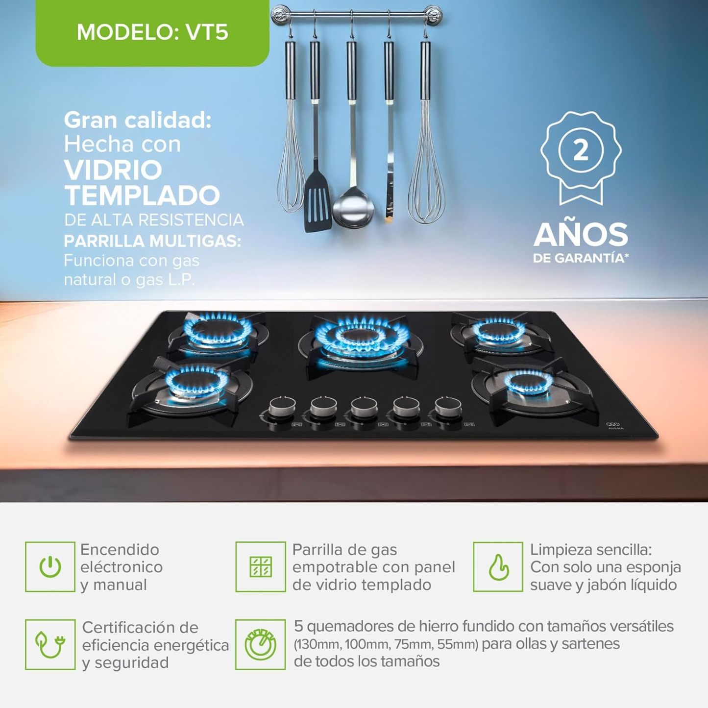 AVERA Parrilla de Gas Premium de 5 Quemadores, Vidrio Templado Negro 77cm (Incluye accesorios) Empotrable, Encendido Electronico, Perillas Metalicas, Estufa Empotrable, para Gas LP y Natural, VT5