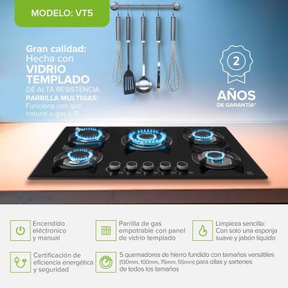 AVERA Parrilla de Gas Premium de 5 Quemadores, Vidrio Templado Negro 77cm (Incluye accesorios) Empotrable, Encendido Electronico, Perillas Metalicas, Estufa Empotrable, para Gas LP y Natural, VT5