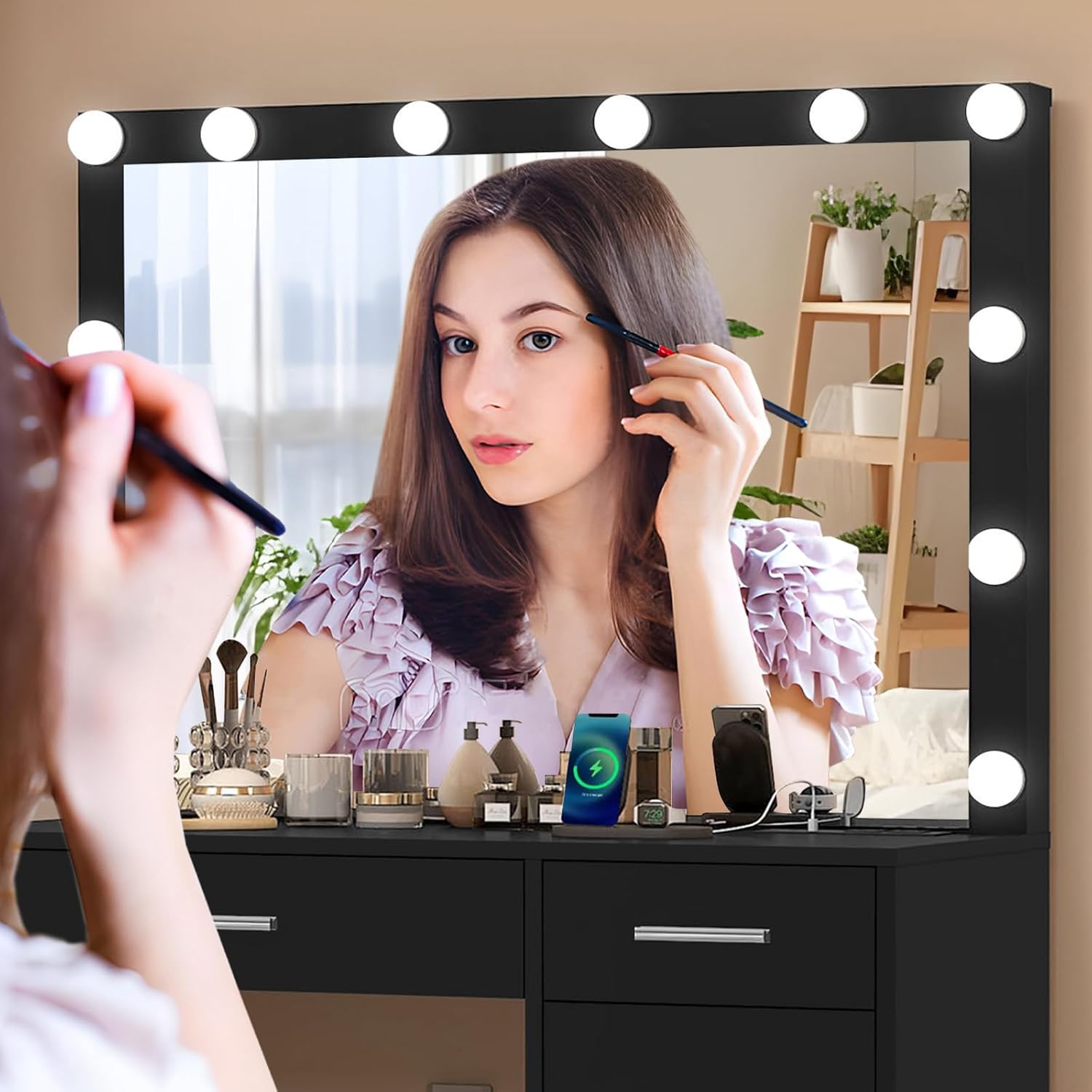 usikey - cambiador de maquillaje con 12 luces, computadora de cambiador con toma de corriente, mesa de maquillaje con 5 cajones, espejo grande, cambiador con taburete para recámara, baño, negro