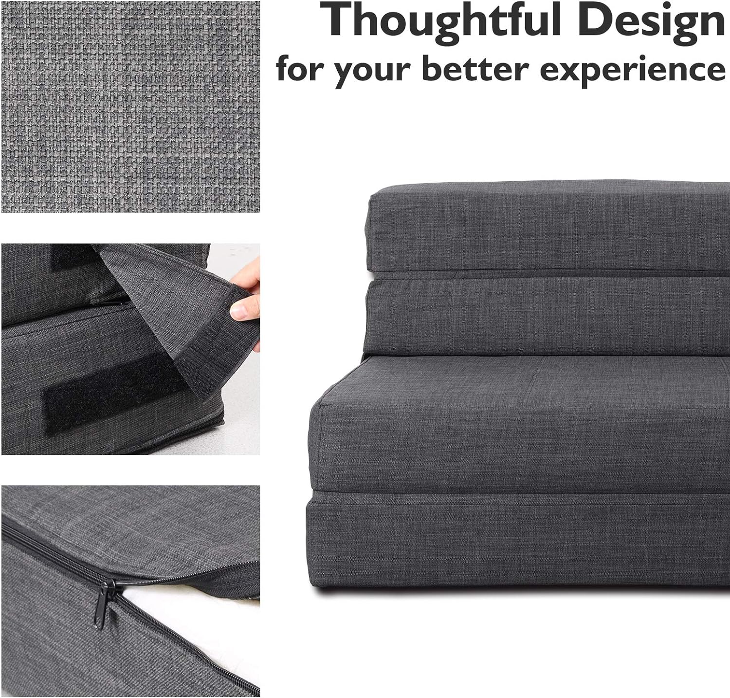 Silla reclinable Anoner, sofá cama plegable de 152 cm, diván con 2 cojines, funda lavable de espuma viscoelástica tamaño queen, color gris claro