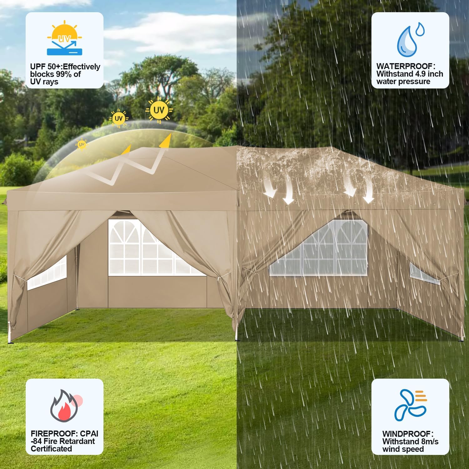 COBIZI - Toldo desplegable de 10 x 20 Pulgadas con 6 Paredes Laterales, toldo Impermeable para Eventos al Aire última intervensión, UPF 50+ cenador portátil para Fiestas, Playa, Camping, Boda,