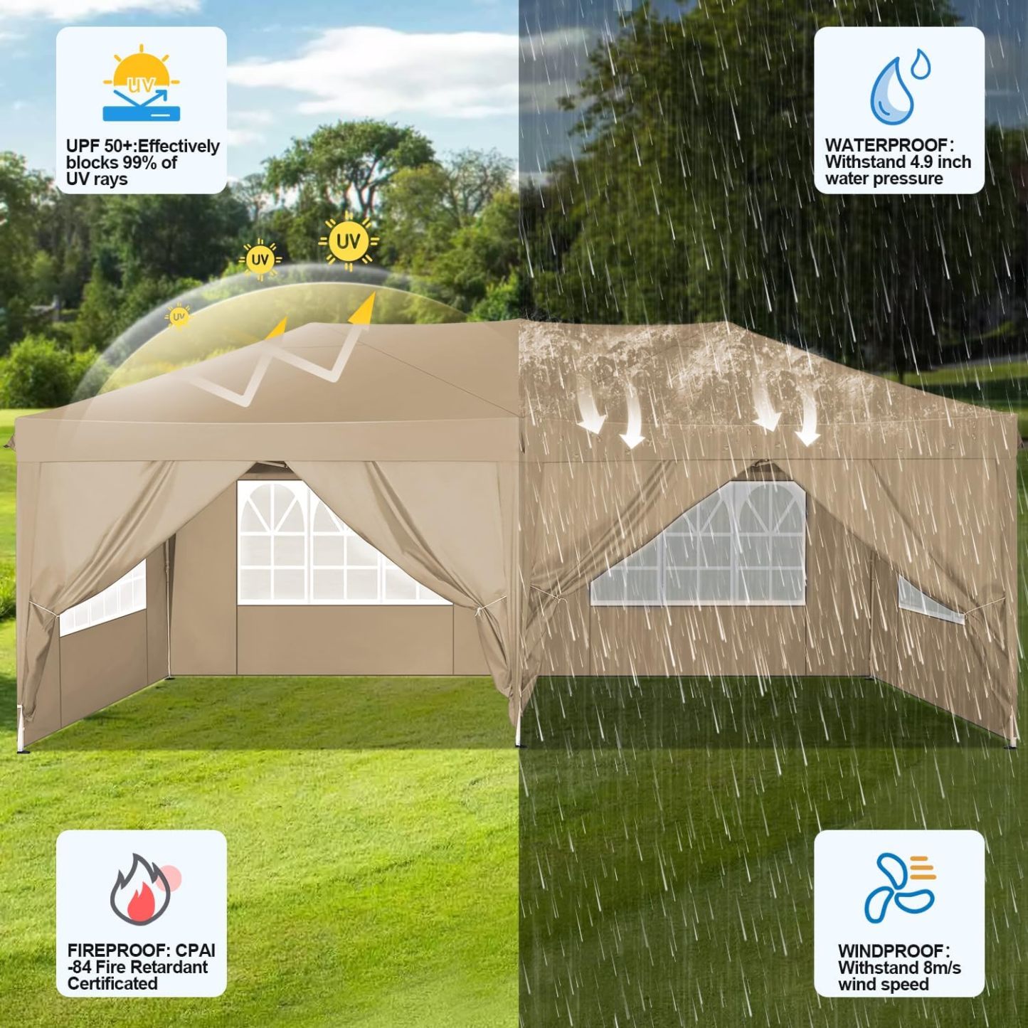 COBIZI - Toldo desplegable de 10 x 20 Pulgadas con 6 Paredes Laterales, toldo Impermeable para Eventos al Aire última intervensión, UPF 50+ cenador portátil para Fiestas, Playa, Camping, Boda,