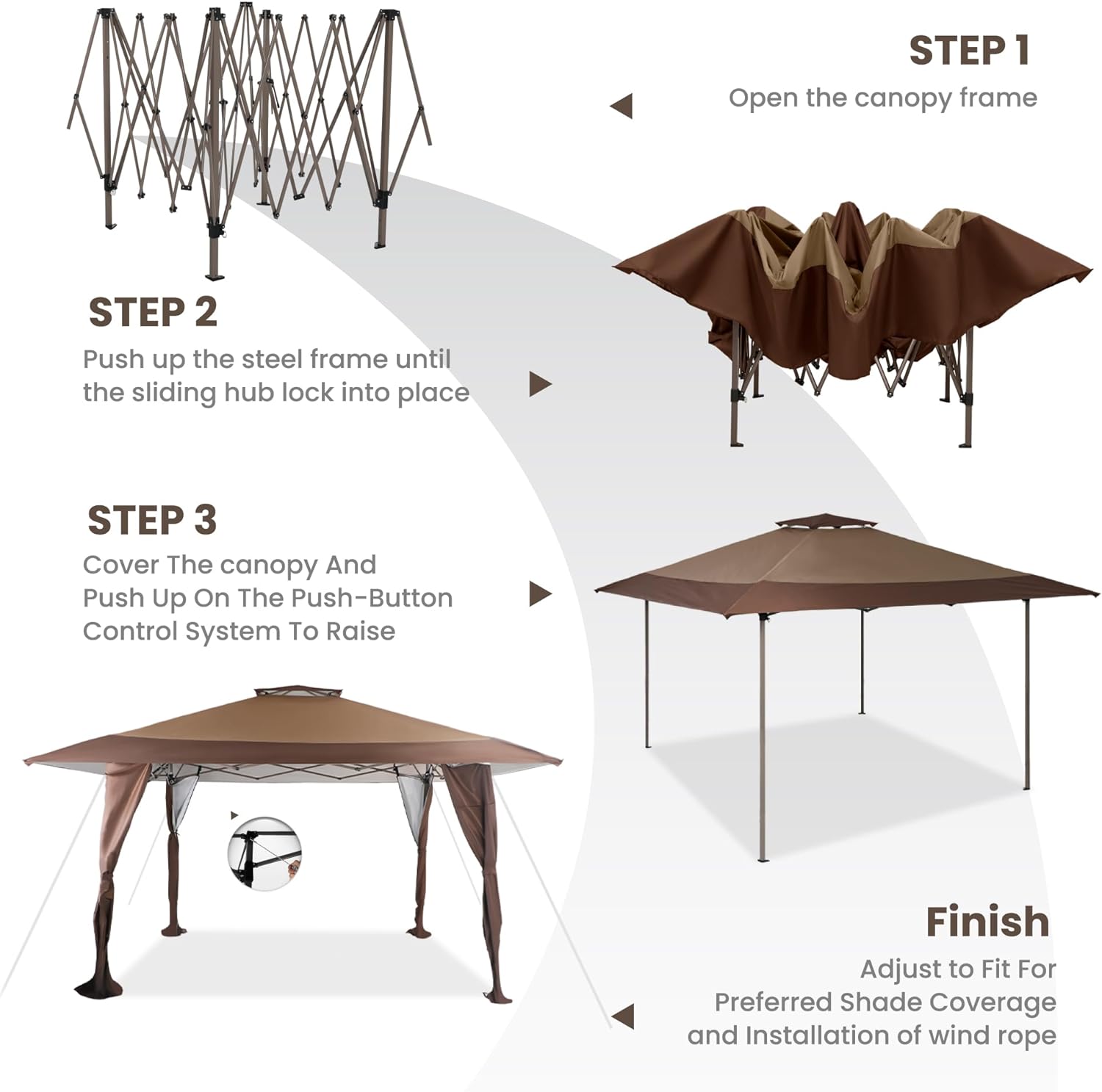 PHI VILLA - Toldo parasol con bloqueo UV de 4 x 4 m con kits de herramientas, pantalla de cenador para patio al aire libre, eventos de jardín, marrón