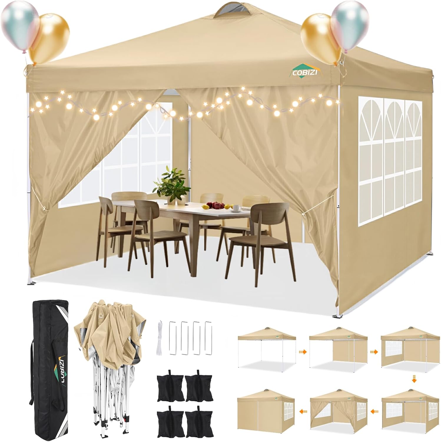 COBIZI - Toldo desplegable de 10 x 20 Pulgadas con 6 Paredes Laterales, toldo Impermeable para Eventos al Aire última intervensión, UPF 50+ cenador portátil para Fiestas, Playa, Camping, Boda,