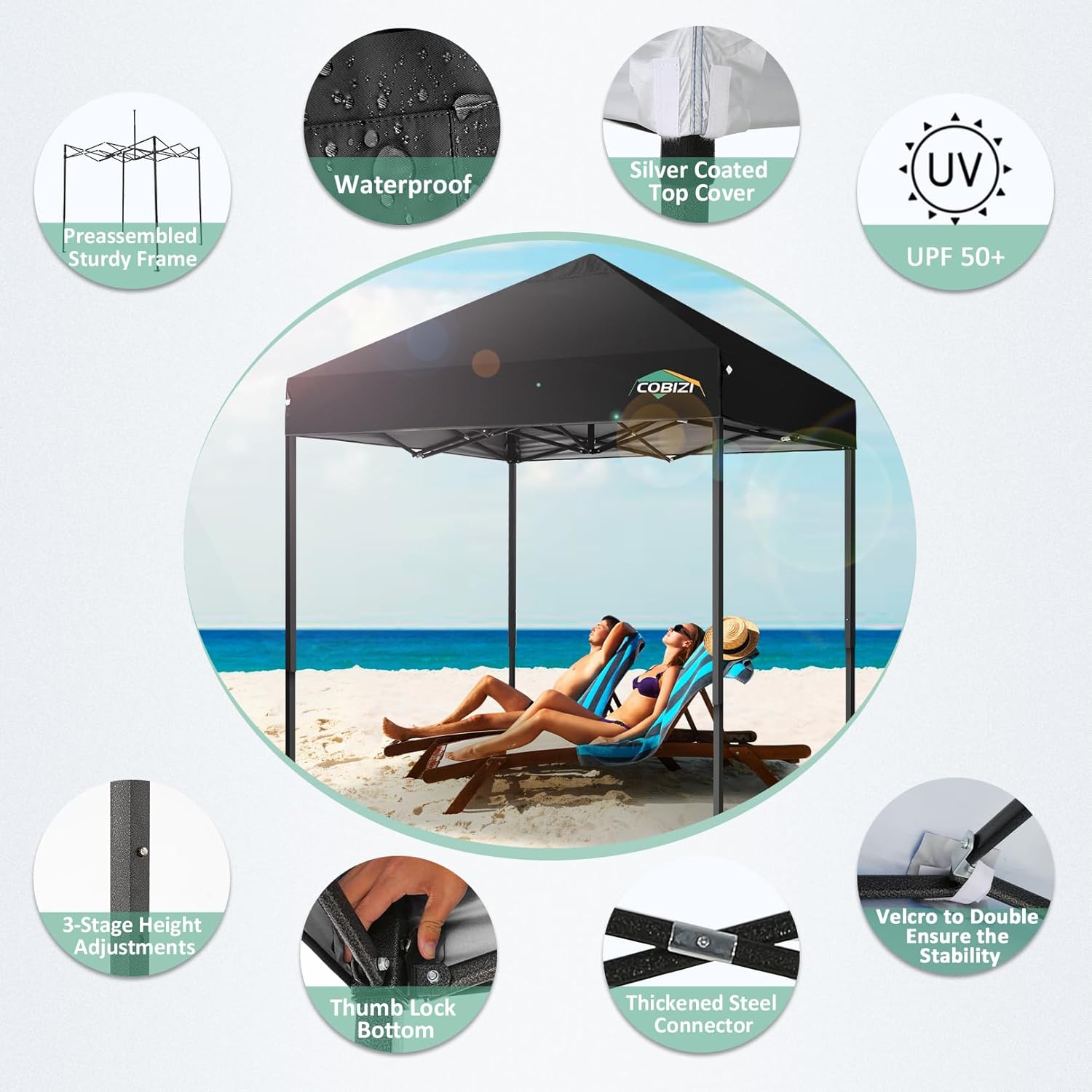 COBIZI - Toldo desplegable de 10 x 20 Pulgadas con 6 Paredes Laterales, toldo Impermeable para Eventos al Aire última intervensión, UPF 50+ cenador portátil para Fiestas, Playa, Camping, Boda,