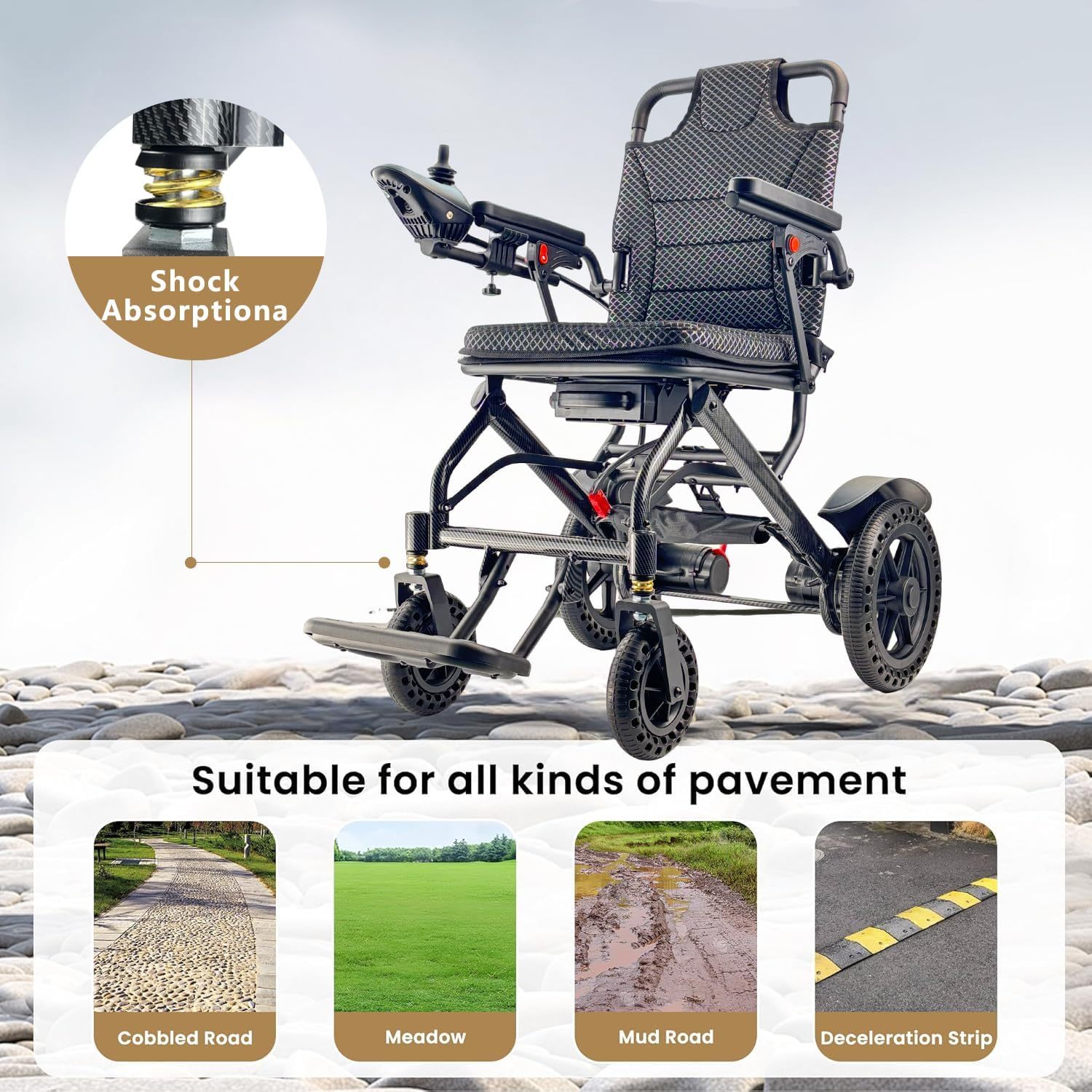 VBAOFOO- Silla de ruedas eléctrica para adultos y personas mayores, marco de aluminio ultraligero, plegado de 3 segundos, capacidad de 420 libras, viaje todo terreno, scooter de movilidad amigable