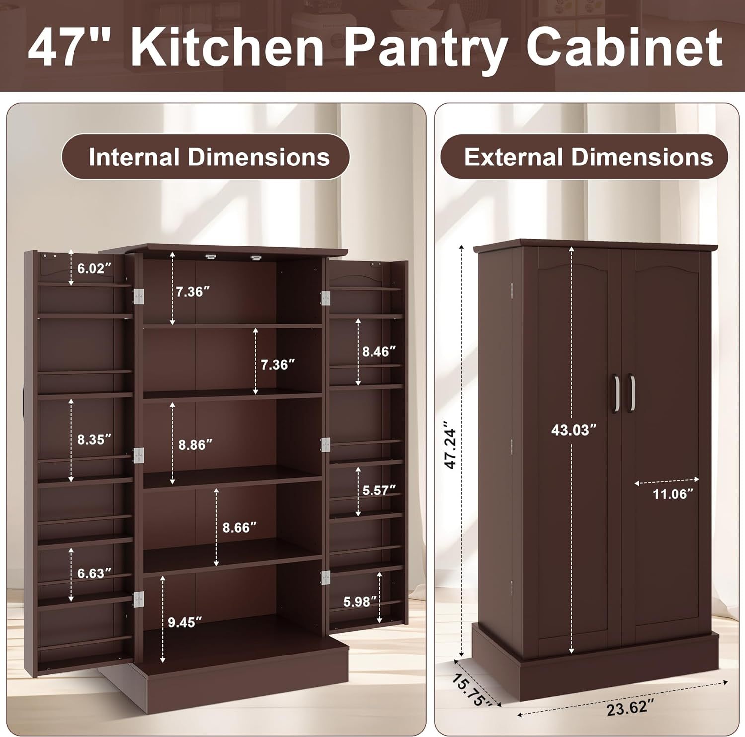 kepptory - clóset de despensa de 47 pulgadas, clóset de almacenamiento de despensa de cocina con puertas y estantes ajustables, aparador no empotrado café para sala de estar y comedor, resistente y