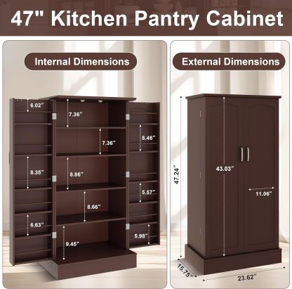 kepptory - clóset de despensa de 47 pulgadas, clóset de almacenamiento de despensa de cocina con puertas y estantes ajustables, aparador no empotrado café para sala de estar y comedor, resistente y