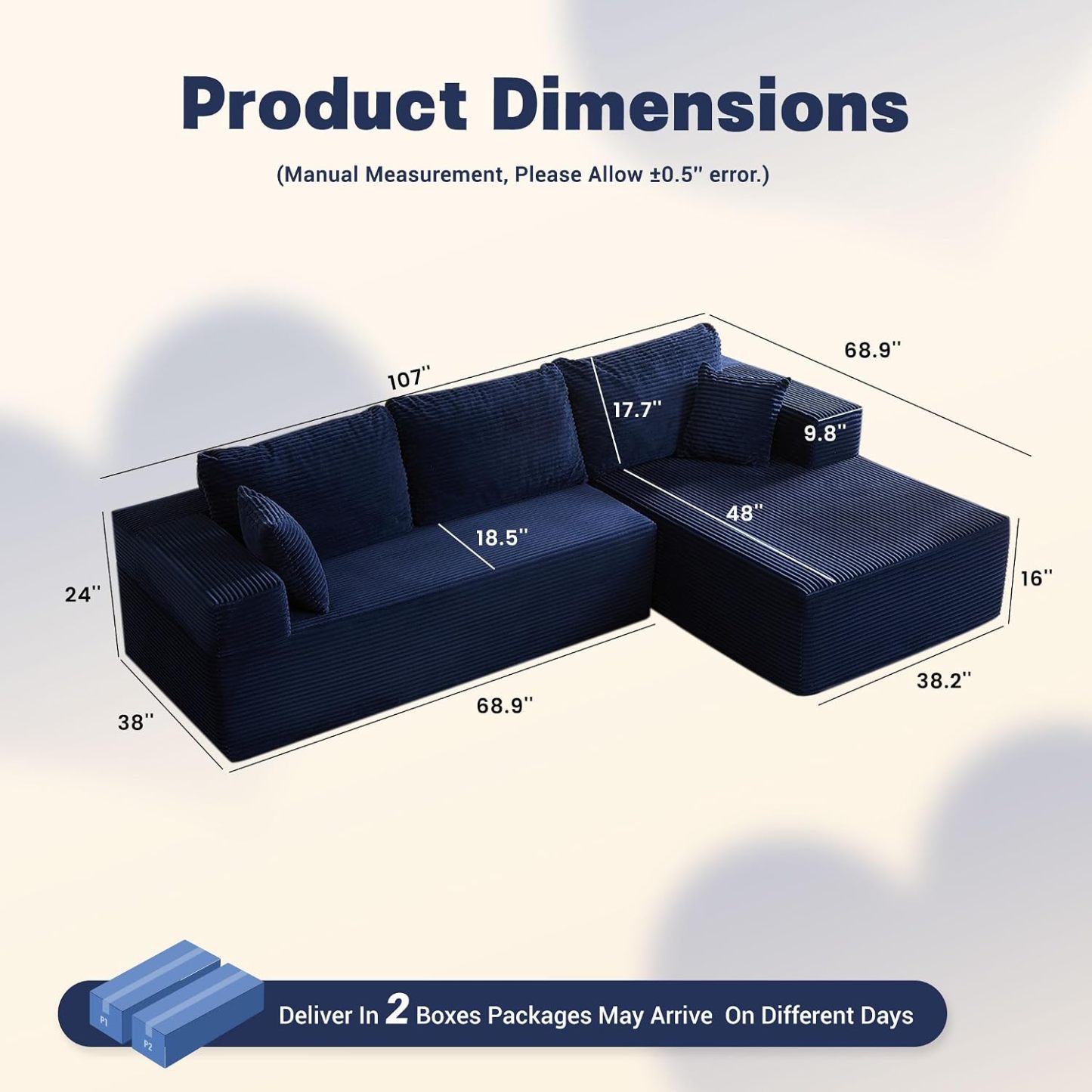 🛋️ Afuson Sofá Modular Seccional en Forma L de 107 Pulgadas, Asiento Profundo, Tapicería de Pana, Sin Montaje, Diseño Deshuesado para Sala de Estar