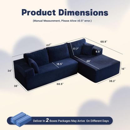 🛋️ Afuson Sofá Modular Seccional en Forma L de 107 Pulgadas, Asiento Profundo, Tapicería de Pana, Sin Montaje, Diseño Deshuesado para Sala de Estar