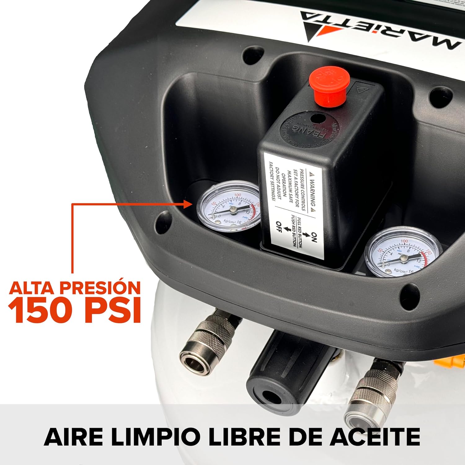 MARIETTA Compresor de Aire Libre de Aceite 1.5HP 22L Robusto con Kit de Accesorios y Manguera de 5 metros.