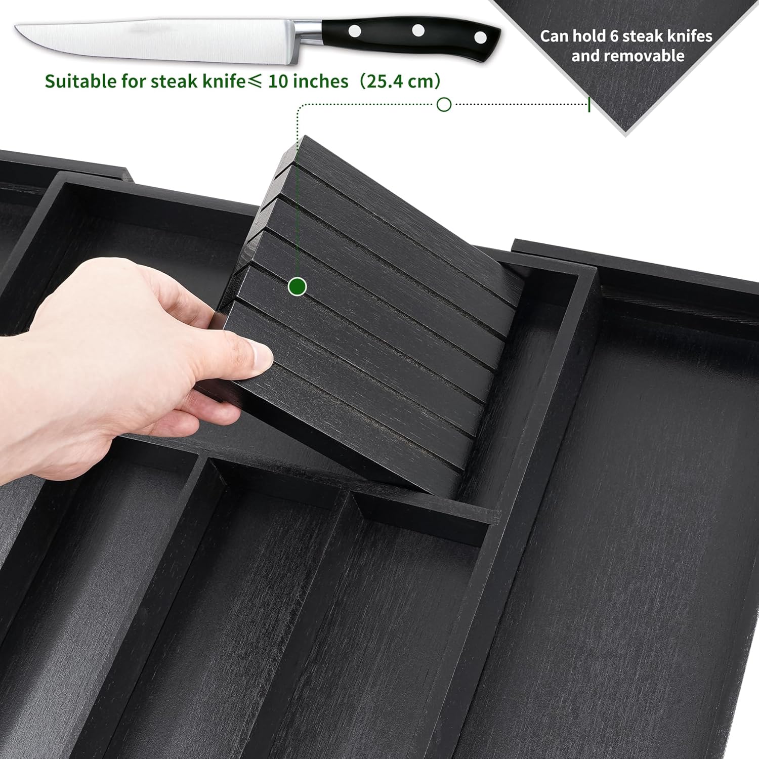 VaeFae Cocina, soporte para utensilios extensibles y bandeja de cubiertos con Divider de 13" -21,6 "de superficie plana y bloque de cuchildesmontable (negro)