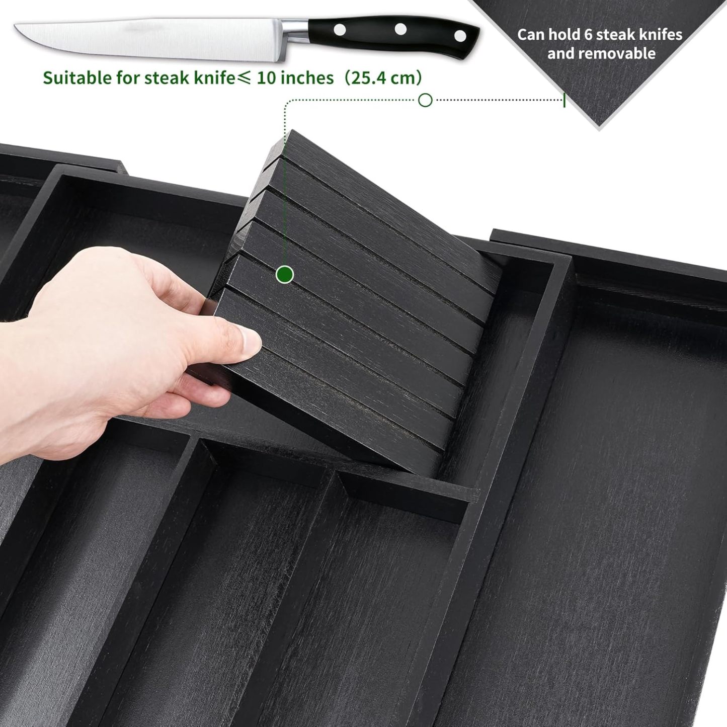 VaeFae Cocina, soporte para utensilios extensibles y bandeja de cubiertos con Divider de 13" -21,6 "de superficie plana y bloque de cuchildesmontable (negro)