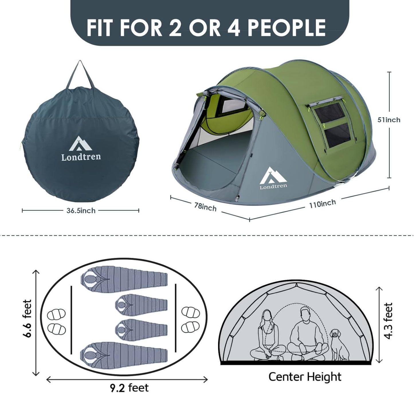 Tienda de campaña para 4 personas, fácil de desplegar e impermeable, configuración automática, 2 puertas, tiendas de campaña familiares instantáneas para camping, senderismo y viajes
