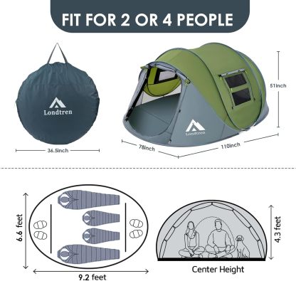 Tienda de campaña para 4 personas, fácil de desplegar e impermeable, configuración automática, 2 puertas, tiendas de campaña familiares instantáneas para camping, senderismo y viajes
