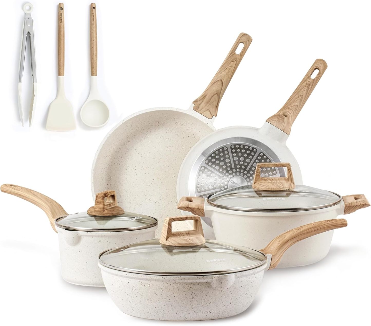 CAROTE Juego de ollas y sartenes antiadherentes, de granito blanco, de