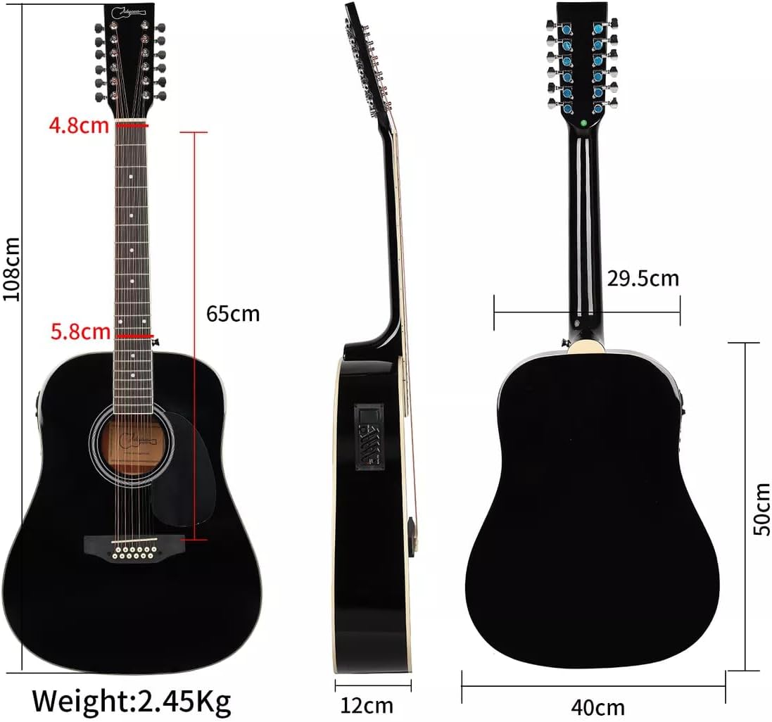 Jidyous-41 Inch,4/4,Guitarra Electroacústica 12 cuerdas,con Funda Acolchada, afinadores, Tirantes de guitarra,cuerdas, paletas, capó, adecuada para adultos jóvenes de nivel medio (Black)