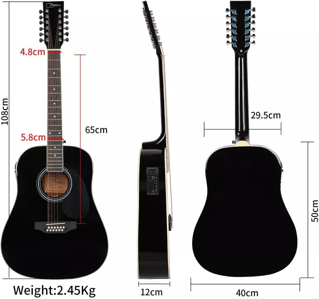Jidyous-41 Inch,4/4,Guitarra Electroacústica 12 cuerdas,con Funda Acolchada, afinadores, Tirantes de guitarra,cuerdas, paletas, capó, adecuada para adultos jóvenes de nivel medio (Black)