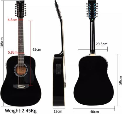 Jidyous-41 Inch,4/4,Guitarra Electroacústica 12 cuerdas,con Funda Acolchada, afinadores, Tirantes de guitarra,cuerdas, paletas, capó, adecuada para adultos jóvenes de nivel medio (Black)