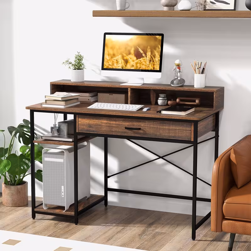   escritorio ordenador con soporte de monitor, mesa escritorio con cajón de almacenamiento y 2 estantes abiertos, mesa ordenador 120 x 56 x 77,5 cm,     Detalles del producto 0